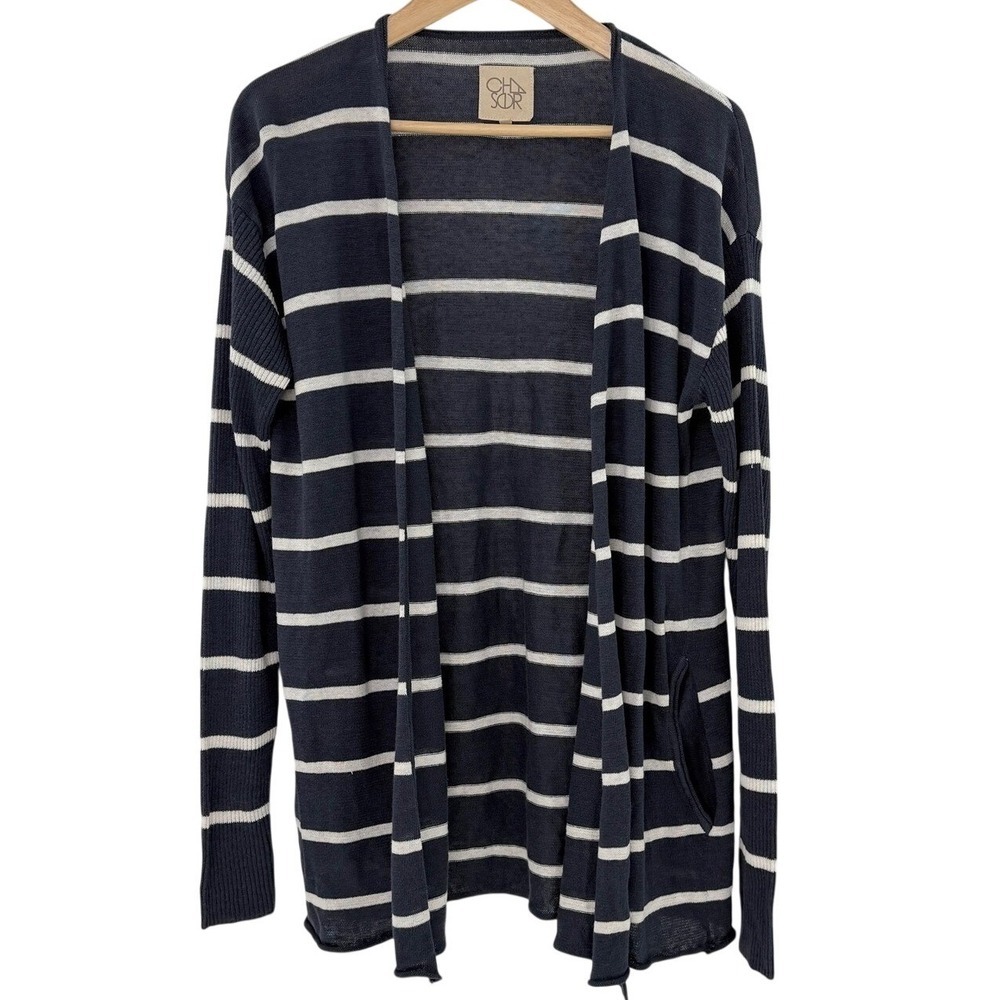 Chaser Navy Blue White Striped‎ Open Front Cardigan Sweater Pockets Mens Medium